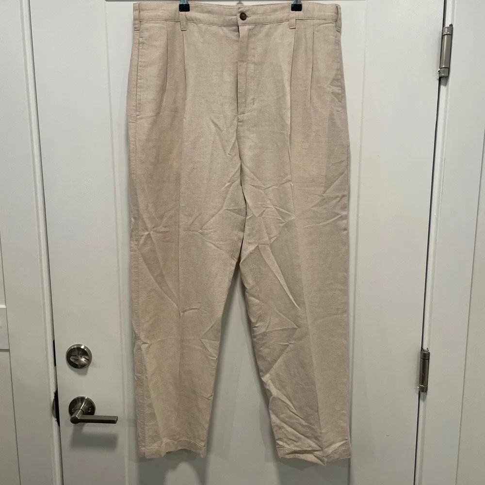 Chaps Ralph Lauren Mens Beige Linen Cotton Pleated Dress Pants Trousers 36x30